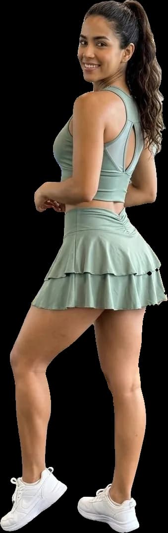 Mujer de espaldas en el gym con la Falda Vuelo y el Top Mirador en color salvia.
